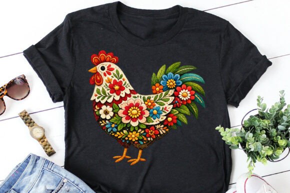 Floral Chicken Embroidery Png T-Shirt: A Rustic Design Asset
